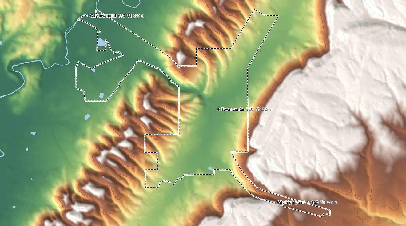 Topographic elevation map of Collinsville, Alabama, shaded from 660 ft on the northwest side to 1,160 ft on the southeast side