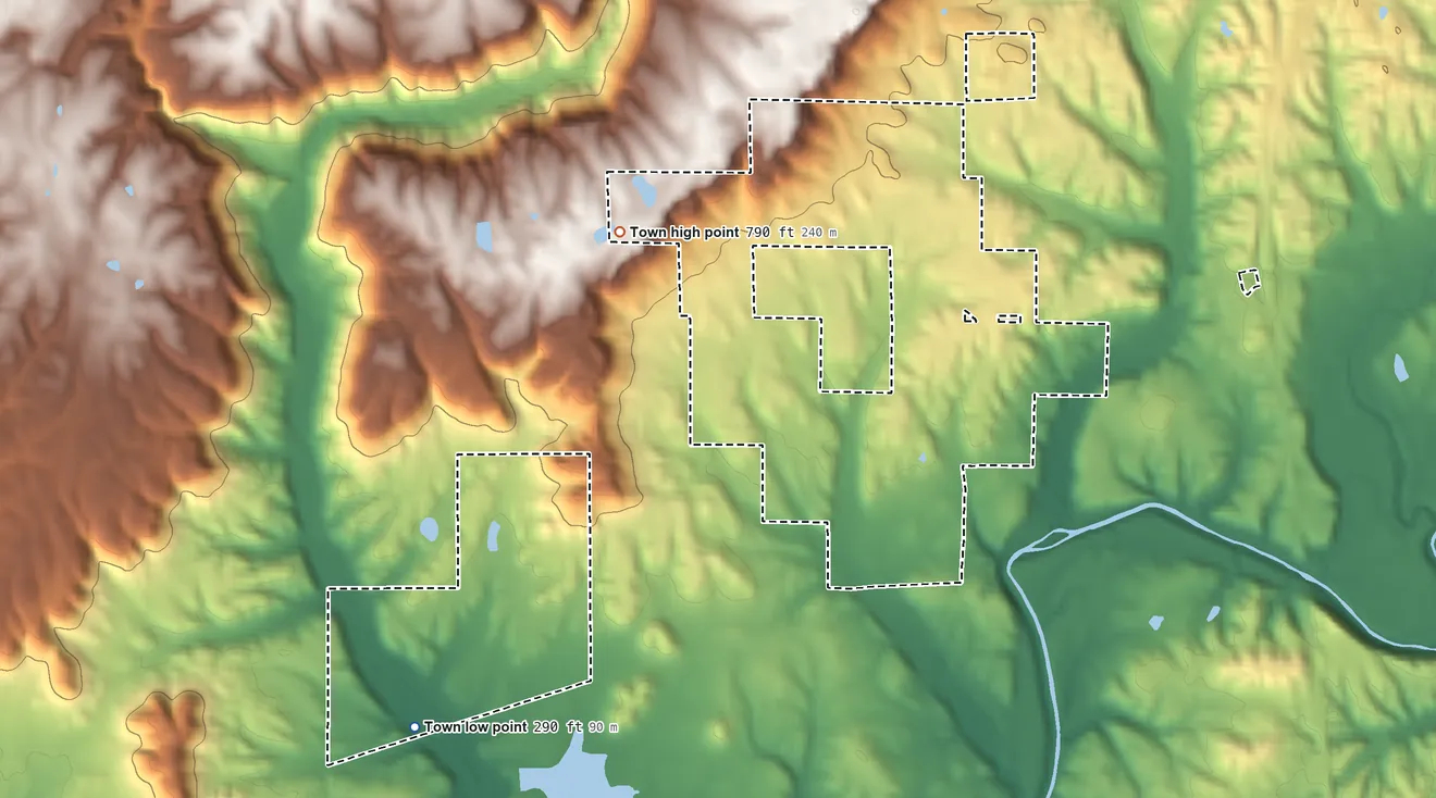 Topographic elevation map of Colony, Alabama, shaded from 290 ft on the southwest side to 790 ft on the northwest side