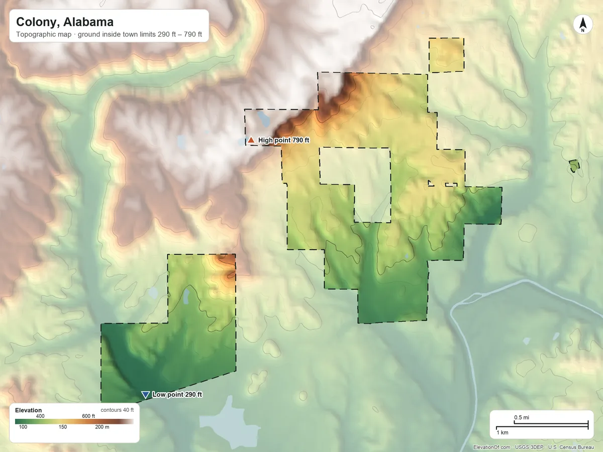 Topographic elevation map of Colony, Alabama, shaded from 290 ft on the southwest side to 790 ft on the northwest side
