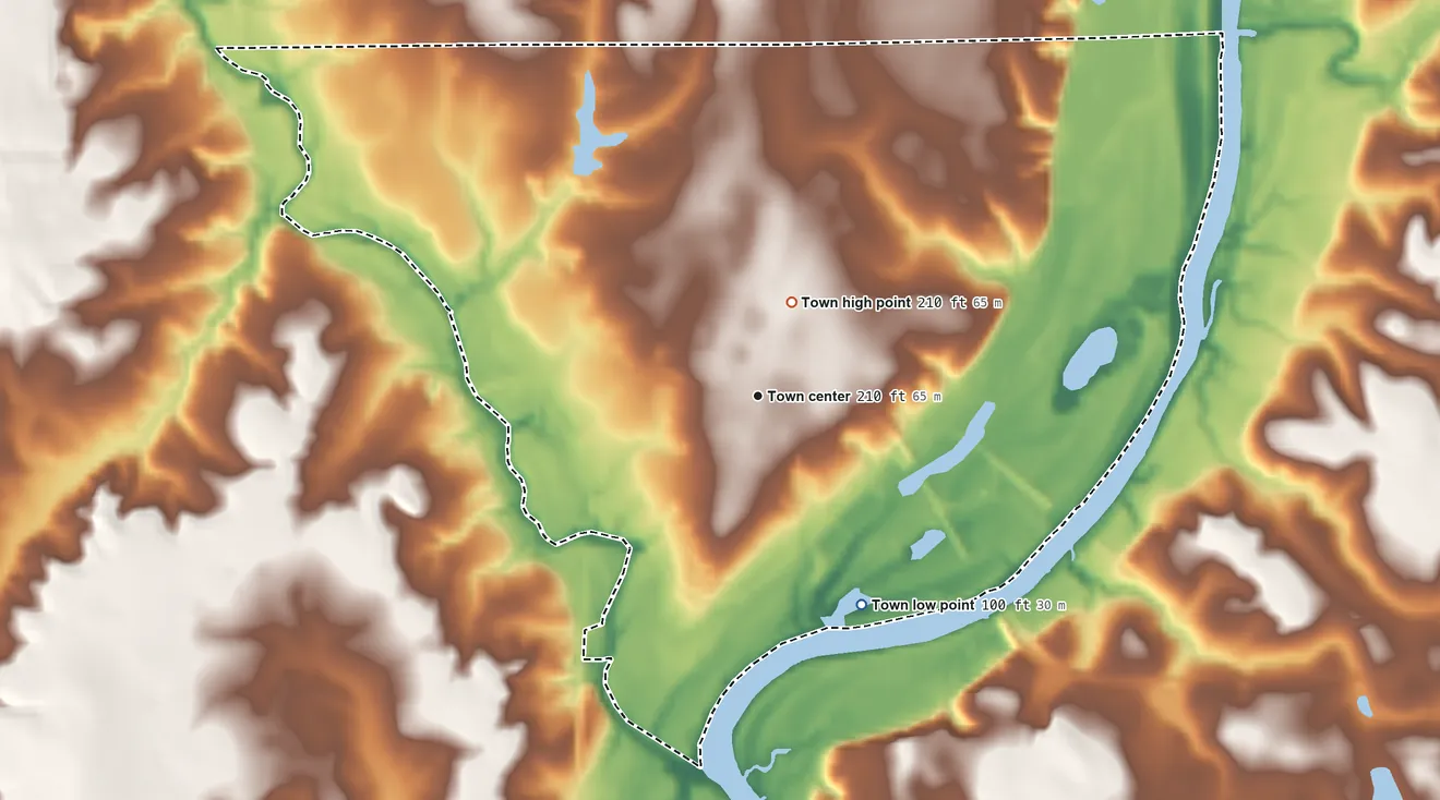 Topographic elevation map of Columbia, Alabama, shaded from 100 ft on the southeast side to 210 ft near the middle