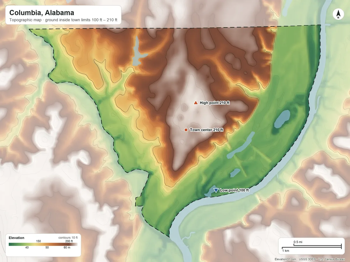 Topographic elevation map of Columbia, Alabama, shaded from 100 ft on the southeast side to 210 ft near the middle