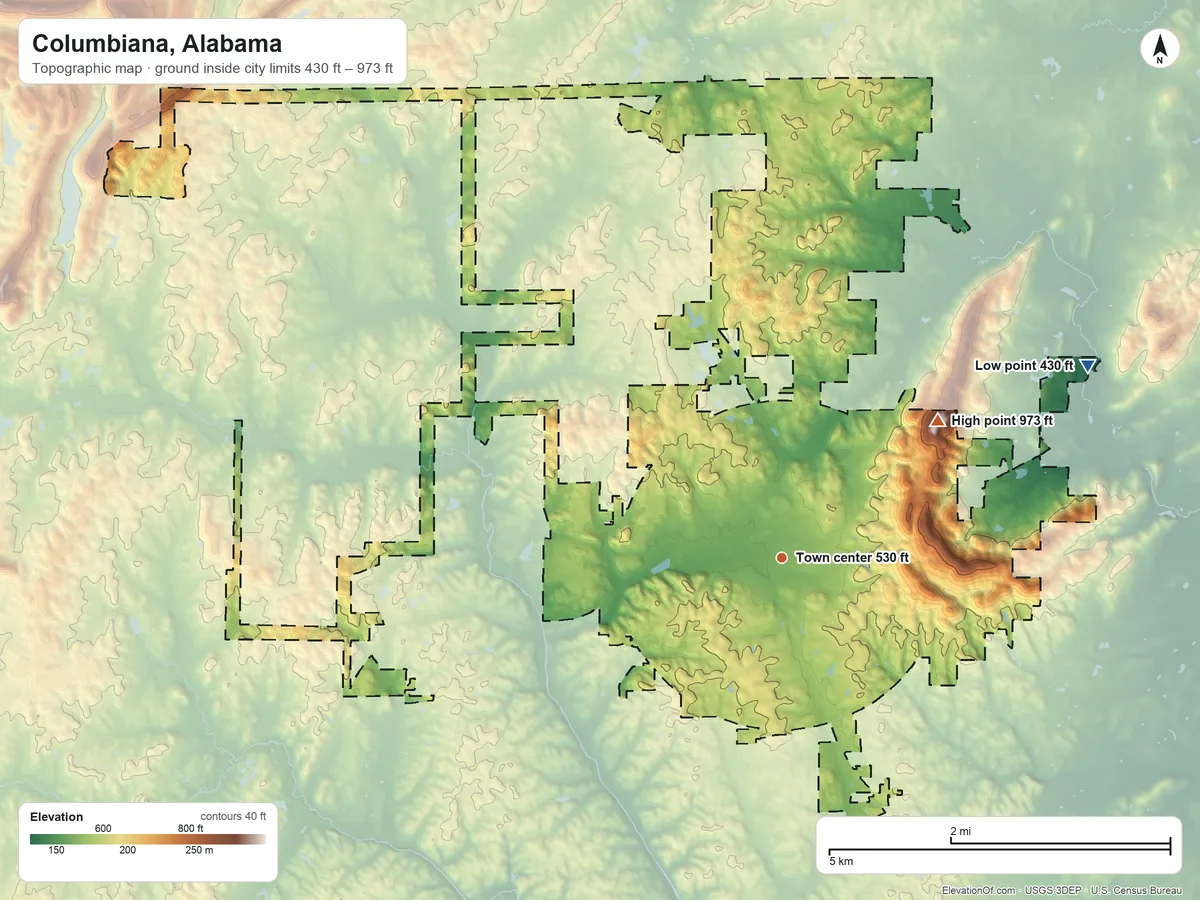 Topographic elevation map of Columbiana, Alabama, shaded from 430 ft on the northeast side to 973 ft on Columbiana Mountain