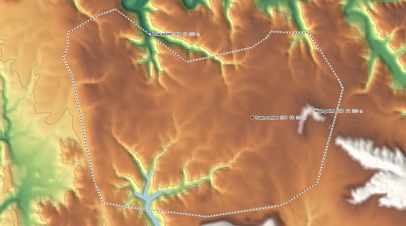Topographic elevation map of Concord, Alabama, shaded from 360 ft on the northwest side to 660 ft on the east side