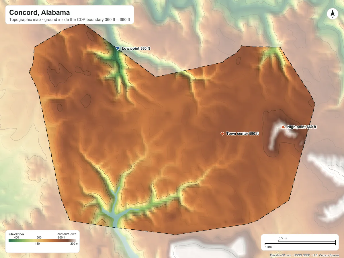 Topographic elevation map of Concord, Alabama, shaded from 360 ft on the northwest side to 660 ft on the east side