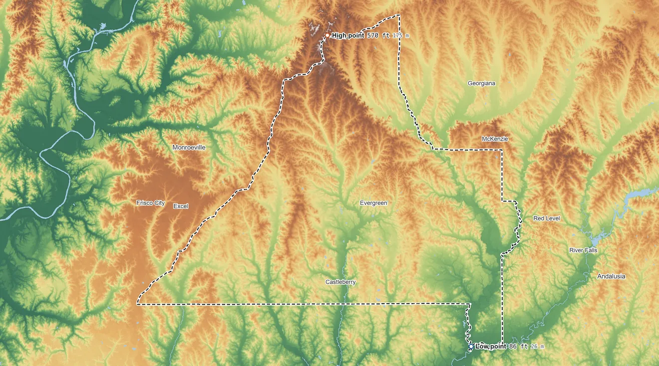 Topographic elevation map of Conecuh County, Alabama, shaded from 86 ft on the southeast side to 570 ft on the north side