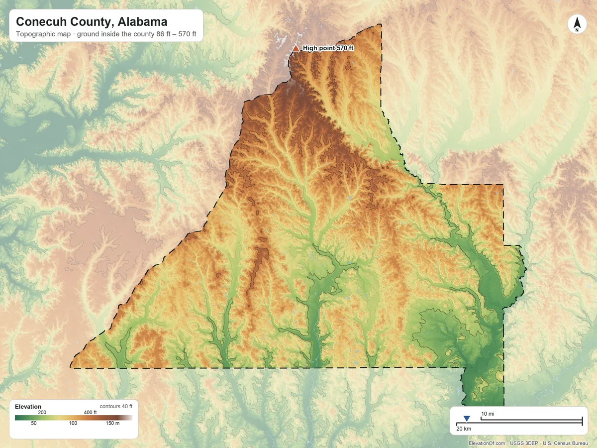 Topographic elevation map of Conecuh County, Alabama, shaded from 86 ft on the southeast side to 570 ft on the north side