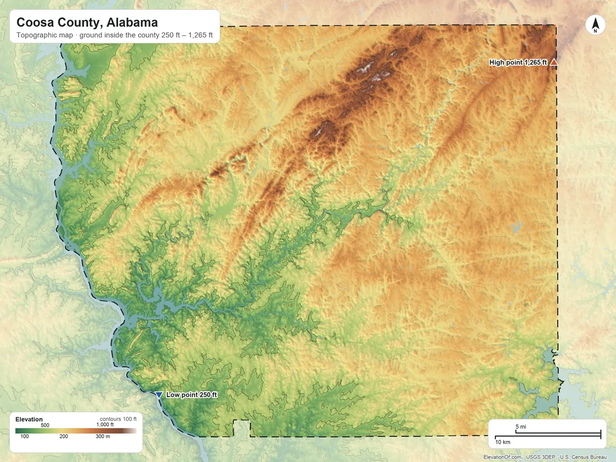 Topographic elevation map of Coosa County, Alabama, shaded from 250 ft on the southwest side to 1,265 ft on Candler Mountain