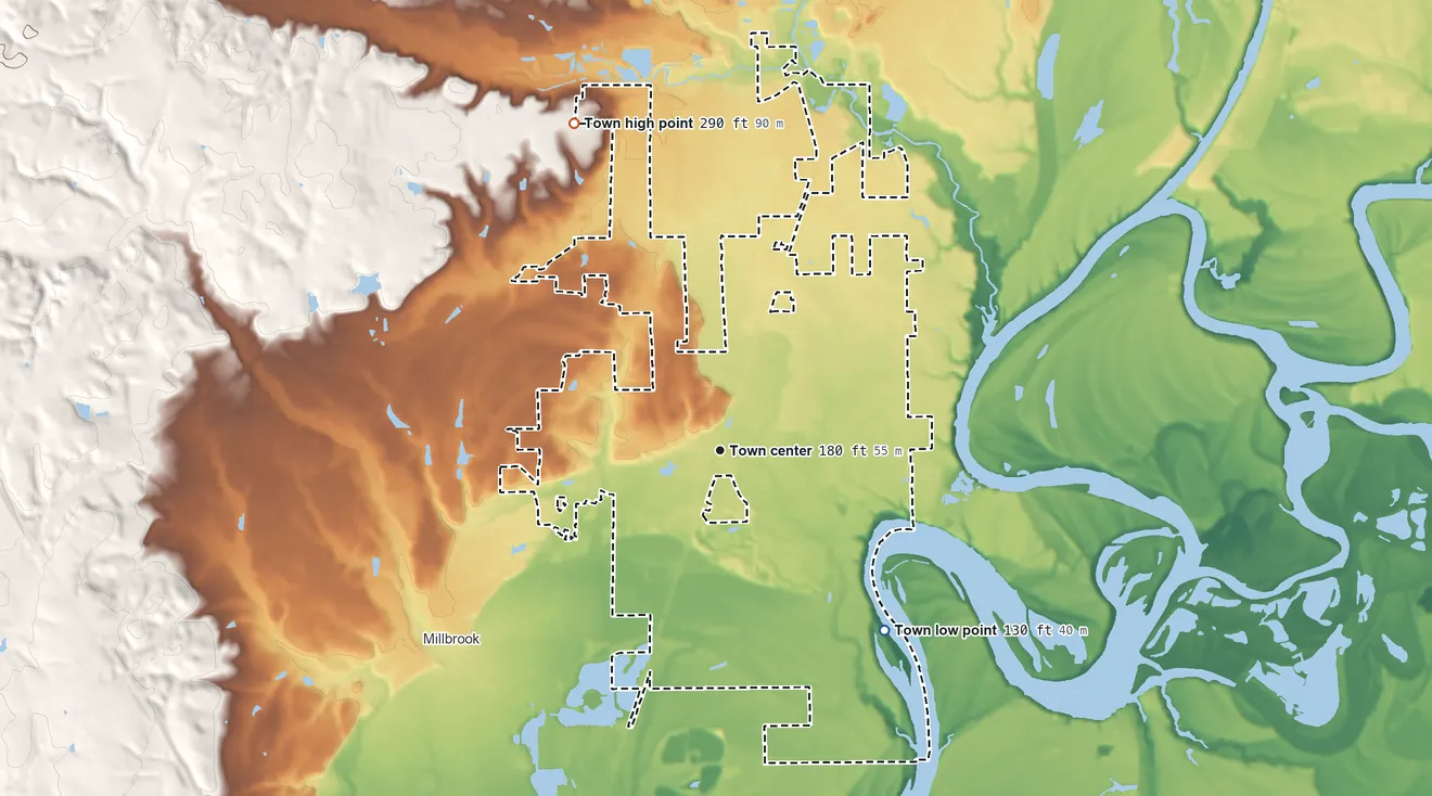 Topographic elevation map of Coosada, Alabama, shaded from 130 ft on the southeast side to 290 ft on the northwest side