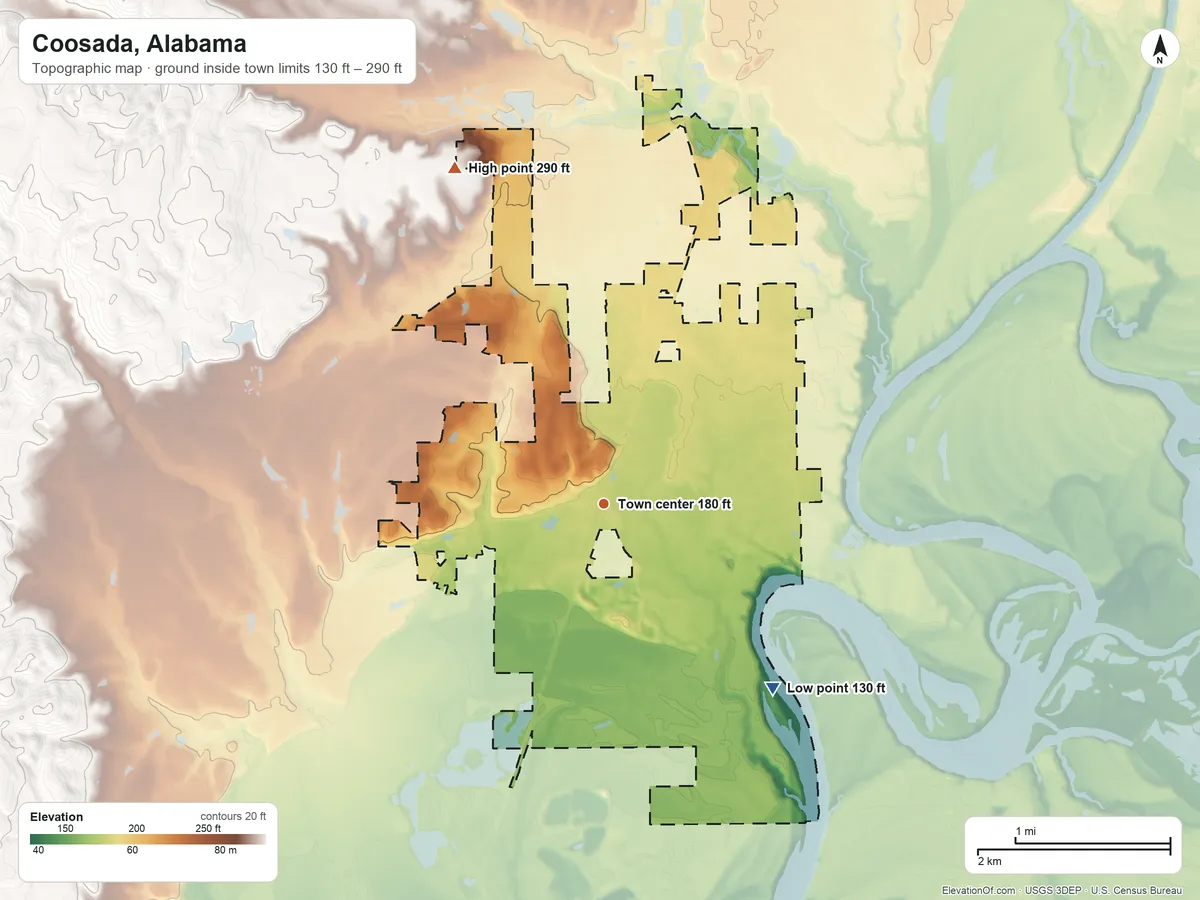 Topographic elevation map of Coosada, Alabama, shaded from 130 ft on the southeast side to 290 ft on the northwest side