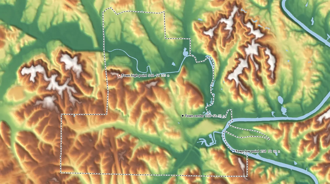 Topographic elevation map of Cordova, Alabama, shaded from 250 ft on the southeast side to 540 ft on the northwest side