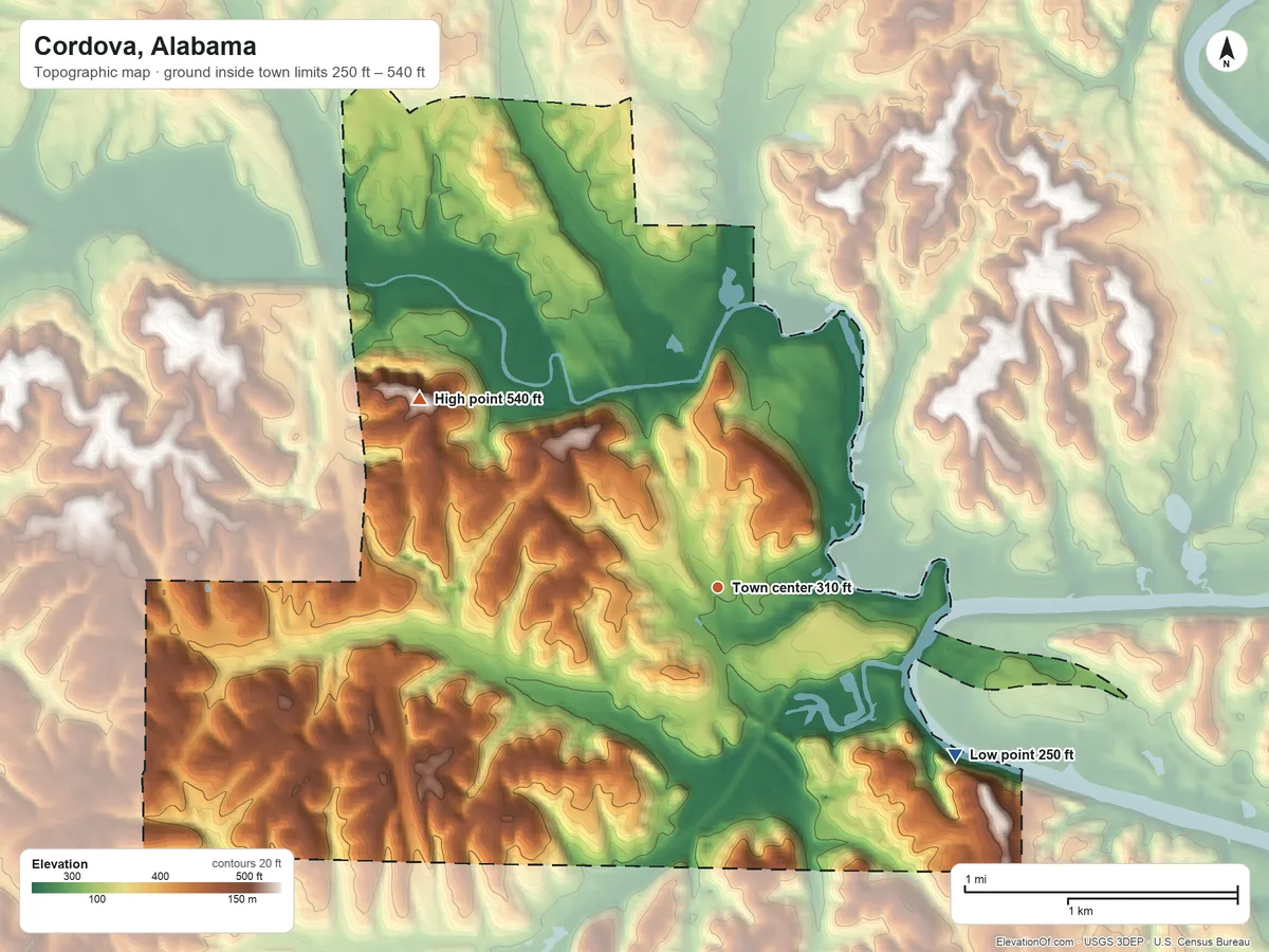 Topographic elevation map of Cordova, Alabama, shaded from 250 ft on the southeast side to 540 ft on the northwest side