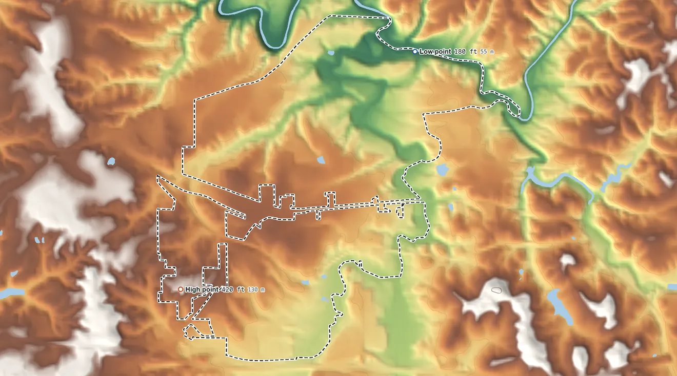 Topographic elevation map of Cottondale, Alabama, shaded from 180 ft on the northeast side to 420 ft on the southwest side