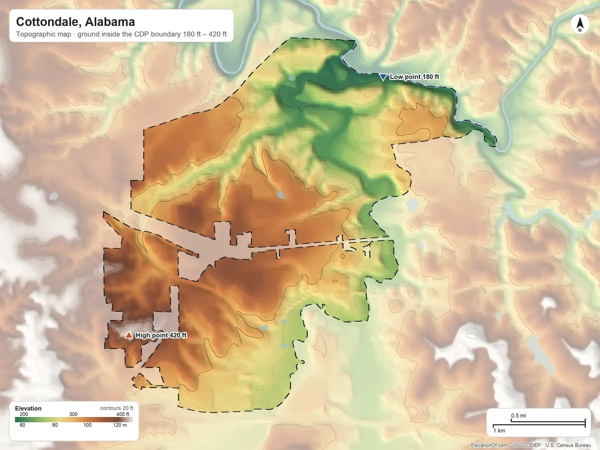 Topographic elevation map of Cottondale, Alabama, shaded from 180 ft on the northeast side to 420 ft on the southwest side
