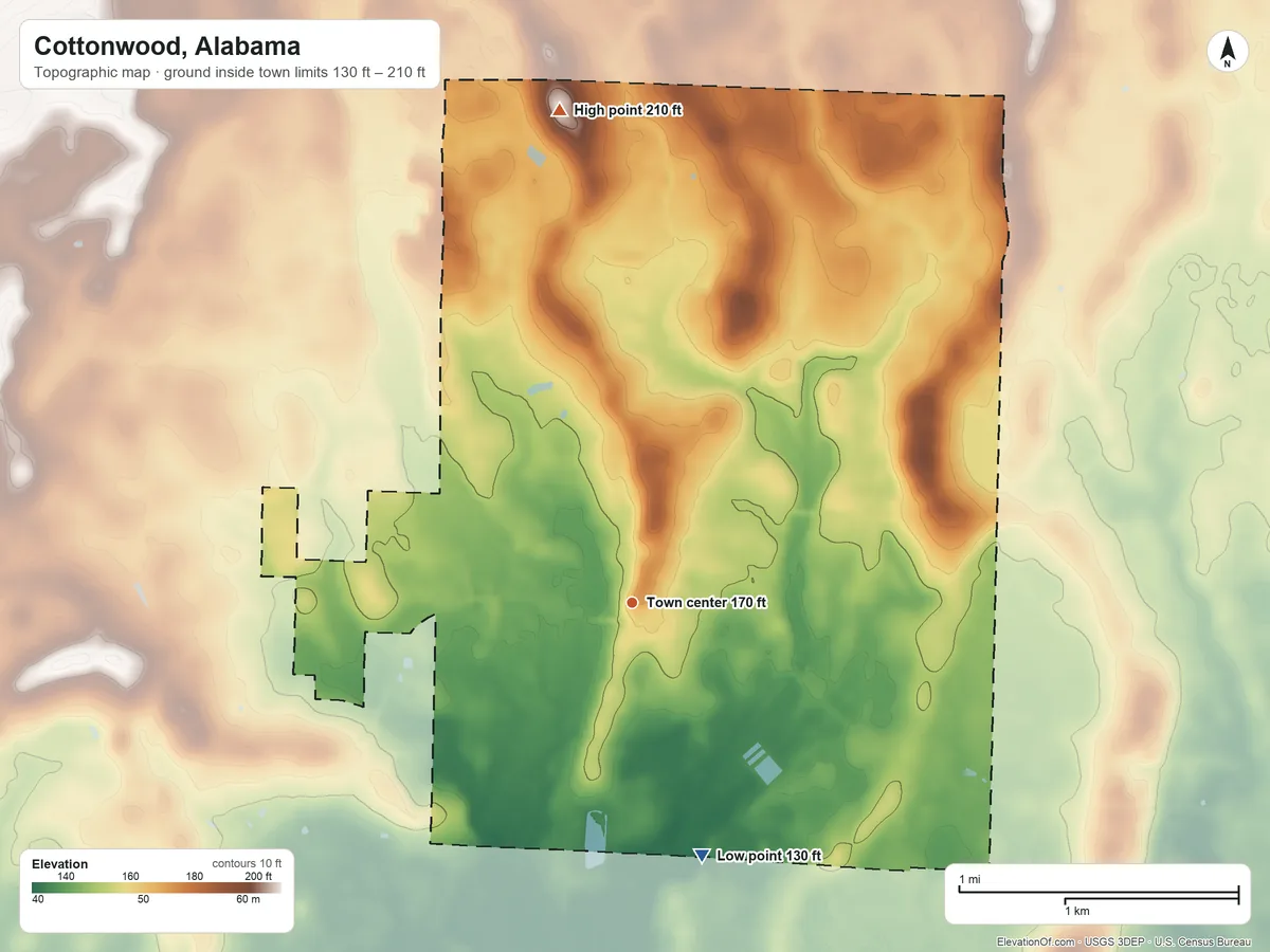 Topographic elevation map of Cottonwood, Alabama, shaded from 130 ft on the south side to 210 ft on the north side