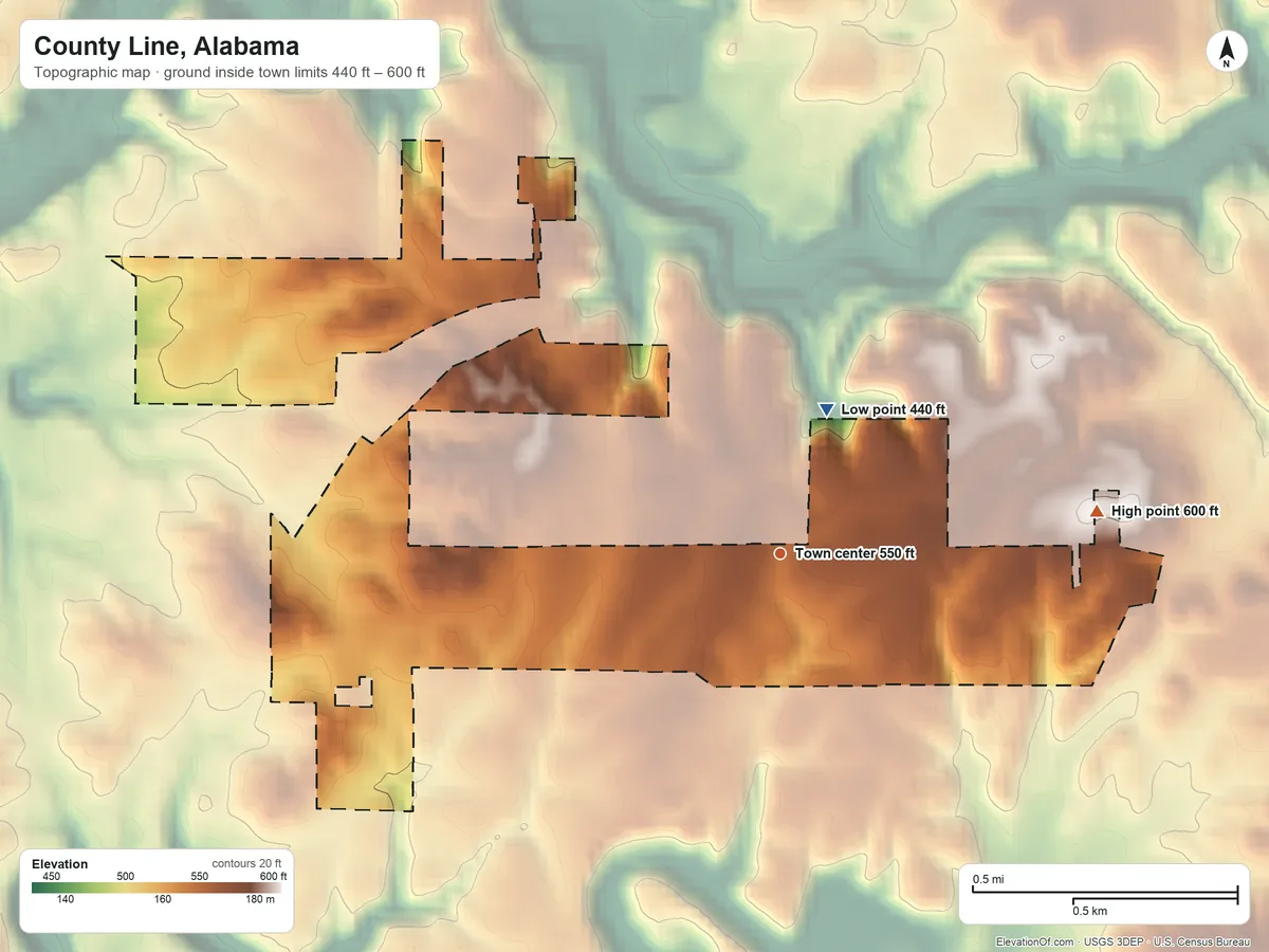 Topographic elevation map of County Line, Alabama, shaded from 440 ft on the north side to 600 ft on the east side