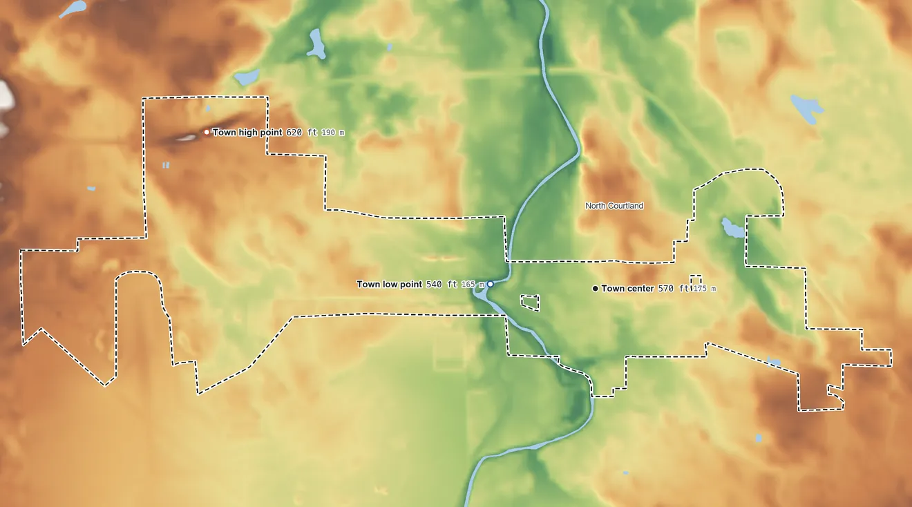 Topographic elevation map of Courtland, Alabama, shaded from 540 ft on the west side to 620 ft on the west side