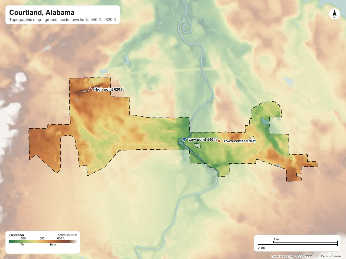 Topographic elevation map of Courtland, Alabama, shaded from 540 ft on the west side to 620 ft on the west side