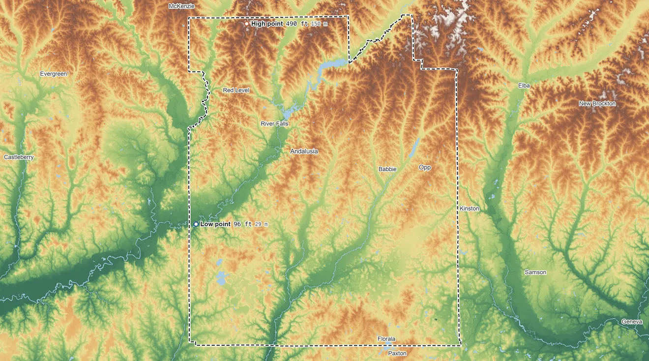 Topographic elevation map of Covington County, Alabama, shaded from 96 ft on the west side to 490 ft on the northwest side
