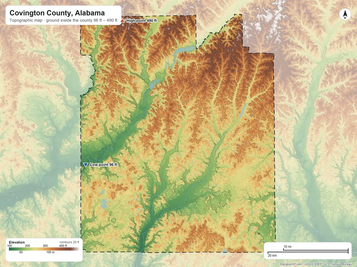 Topographic elevation map of Covington County, Alabama, shaded from 96 ft on the west side to 490 ft on the northwest side
