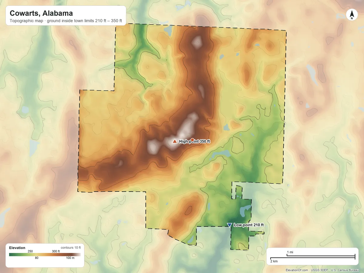 Topographic elevation map of Cowarts, Alabama, shaded from 210 ft on the southeast side to 350 ft near the middle