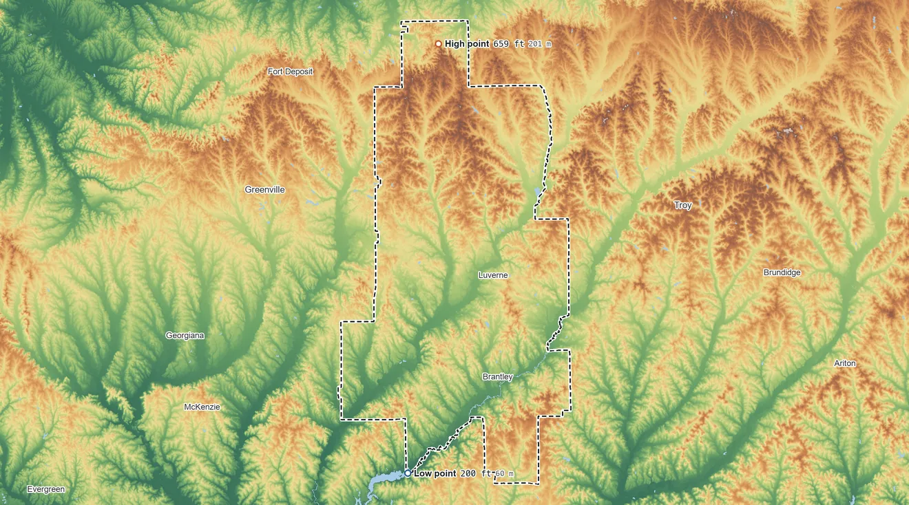 Topographic elevation map of Crenshaw County, Alabama, shaded from 200 ft on the south side to 659 ft on Mount Carmel