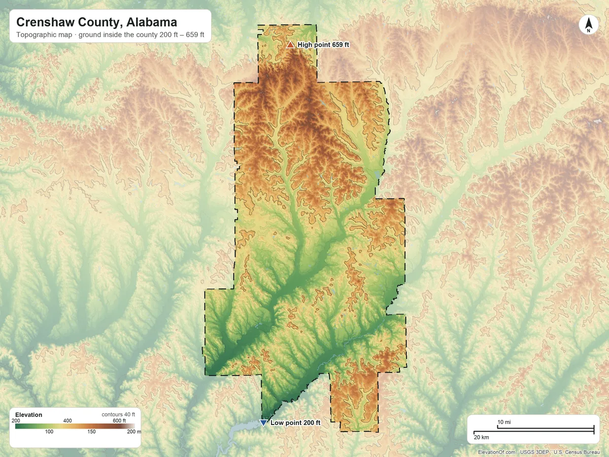 Topographic elevation map of Crenshaw County, Alabama, shaded from 200 ft on the south side to 659 ft on Mount Carmel