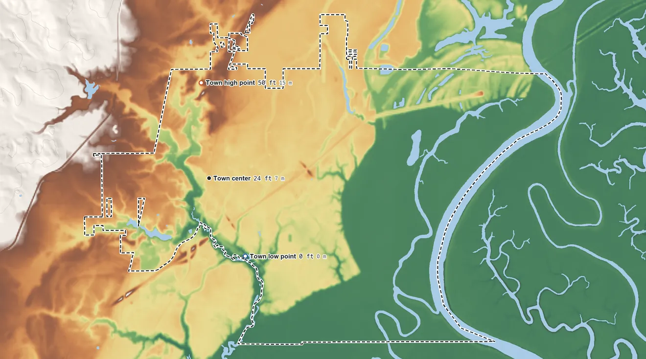 Topographic elevation map of Creola, Alabama, shaded from 0 ft on the southeast side to 50 ft on the north side