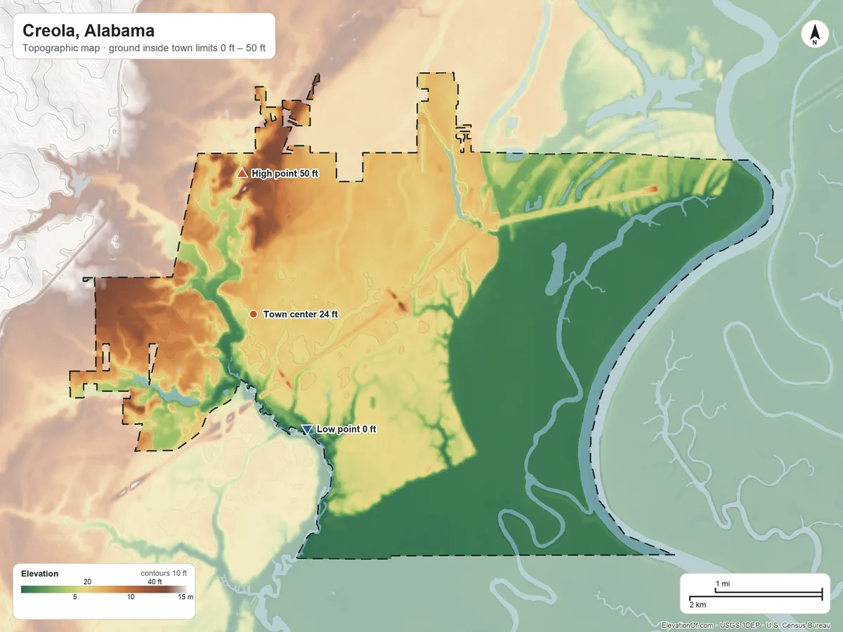 Topographic elevation map of Creola, Alabama, shaded from 0 ft on the southeast side to 50 ft on the north side