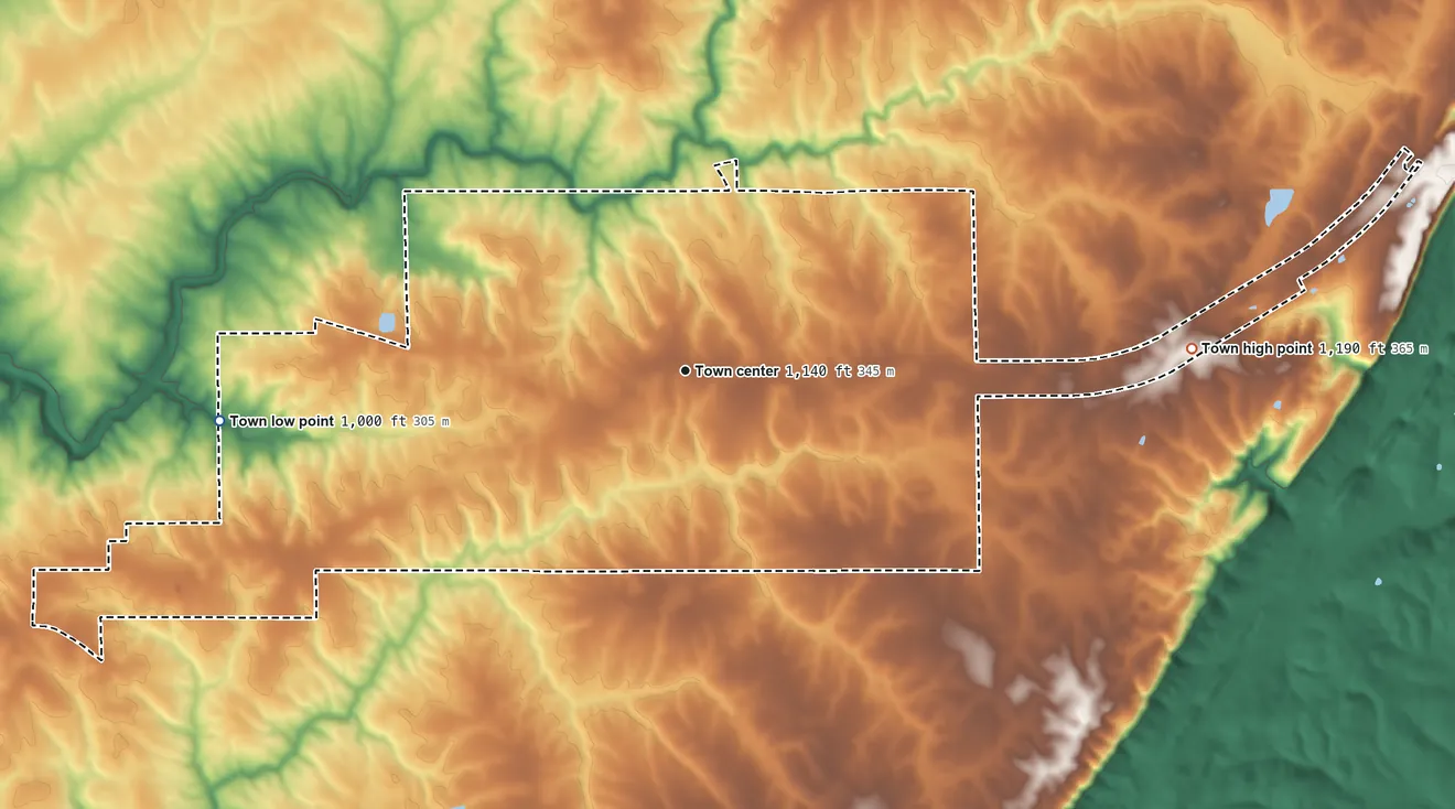 Topographic elevation map of Crossville, Alabama, shaded from 1,000 ft on the west side to 1,190 ft on the east side