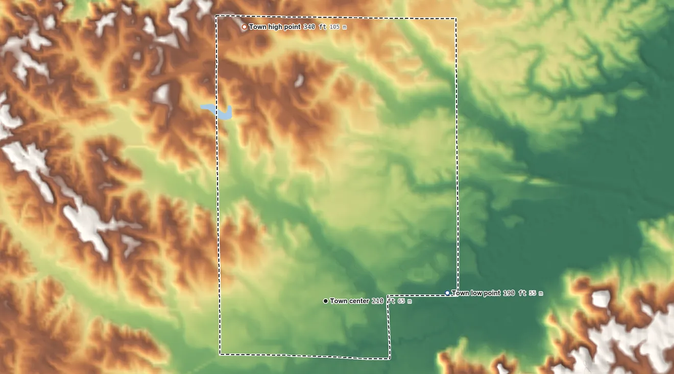 Topographic elevation map of Cuba, Alabama, shaded from 190 ft on the east side to 340 ft on the north side