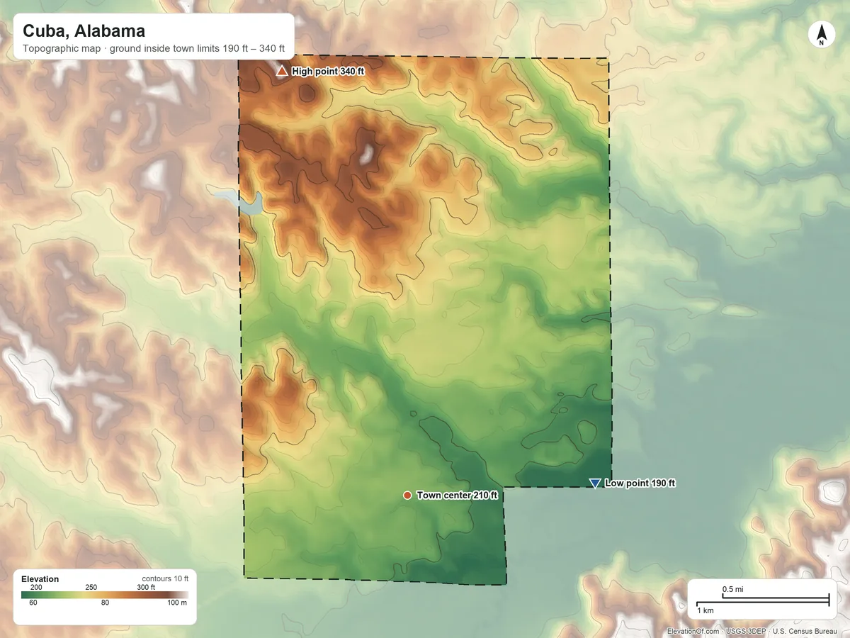 Topographic elevation map of Cuba, Alabama, shaded from 190 ft on the east side to 340 ft on the north side