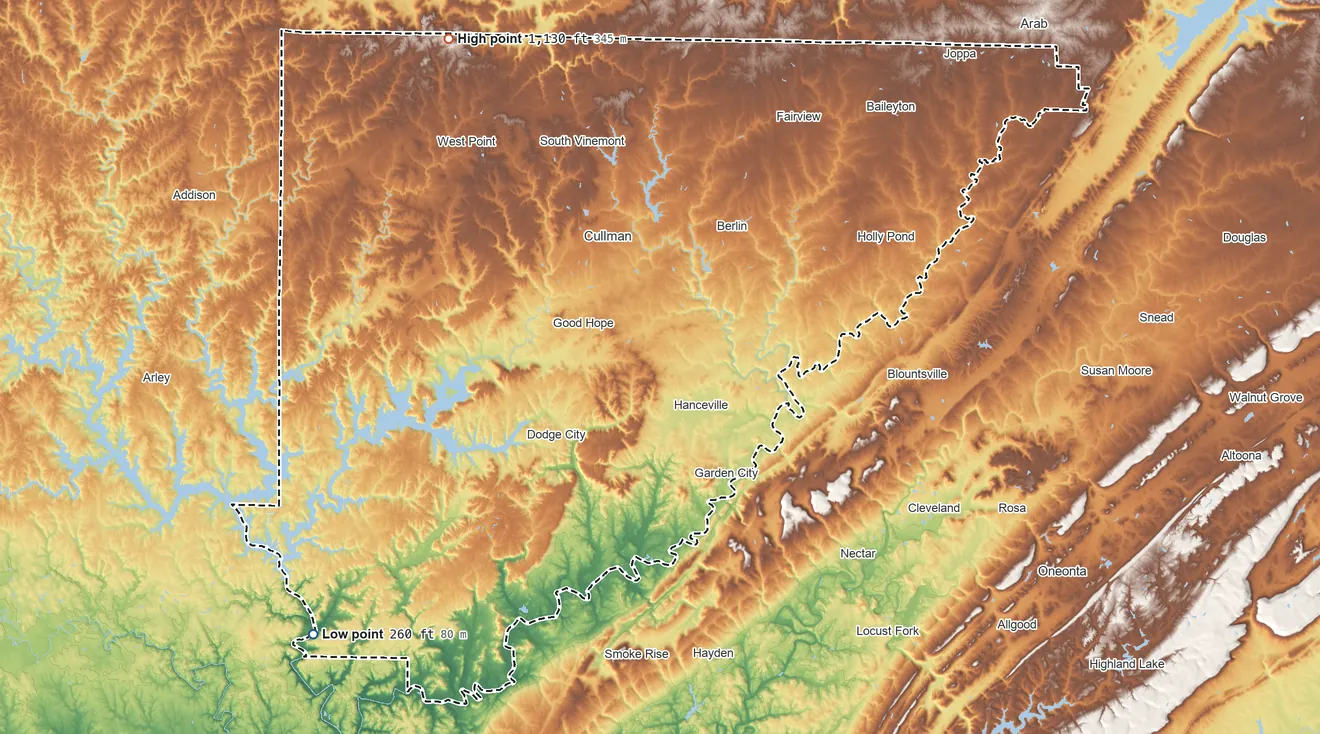 Topographic elevation map of Cullman County, Alabama, shaded from 260 ft on the southwest side to 1,130 ft on the northwest side