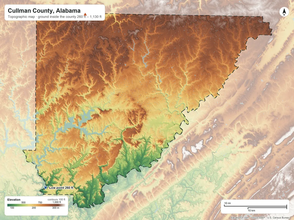 Topographic elevation map of Cullman County, Alabama, shaded from 260 ft on the southwest side to 1,130 ft on the northwest side