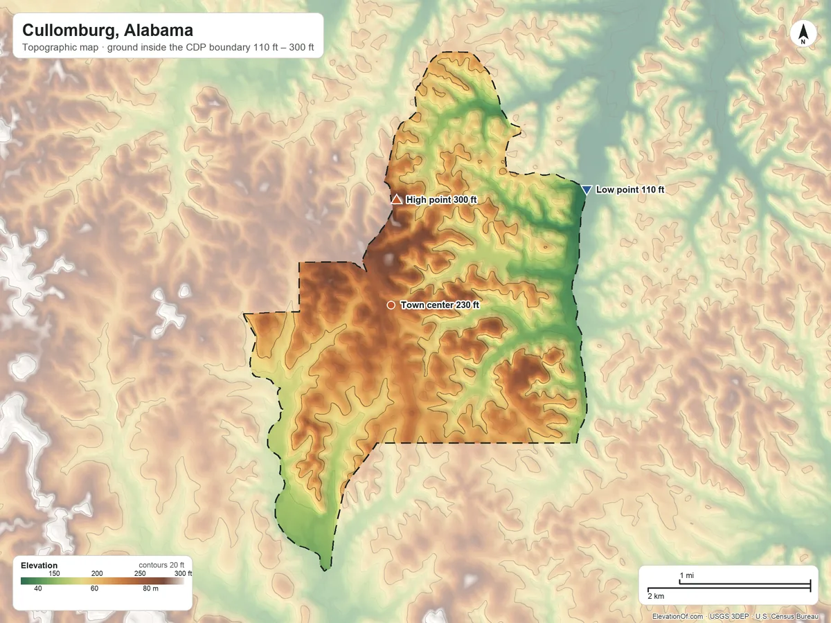 Topographic elevation map of Cullomburg, Alabama, shaded from 110 ft on the northeast side to 300 ft on the north side