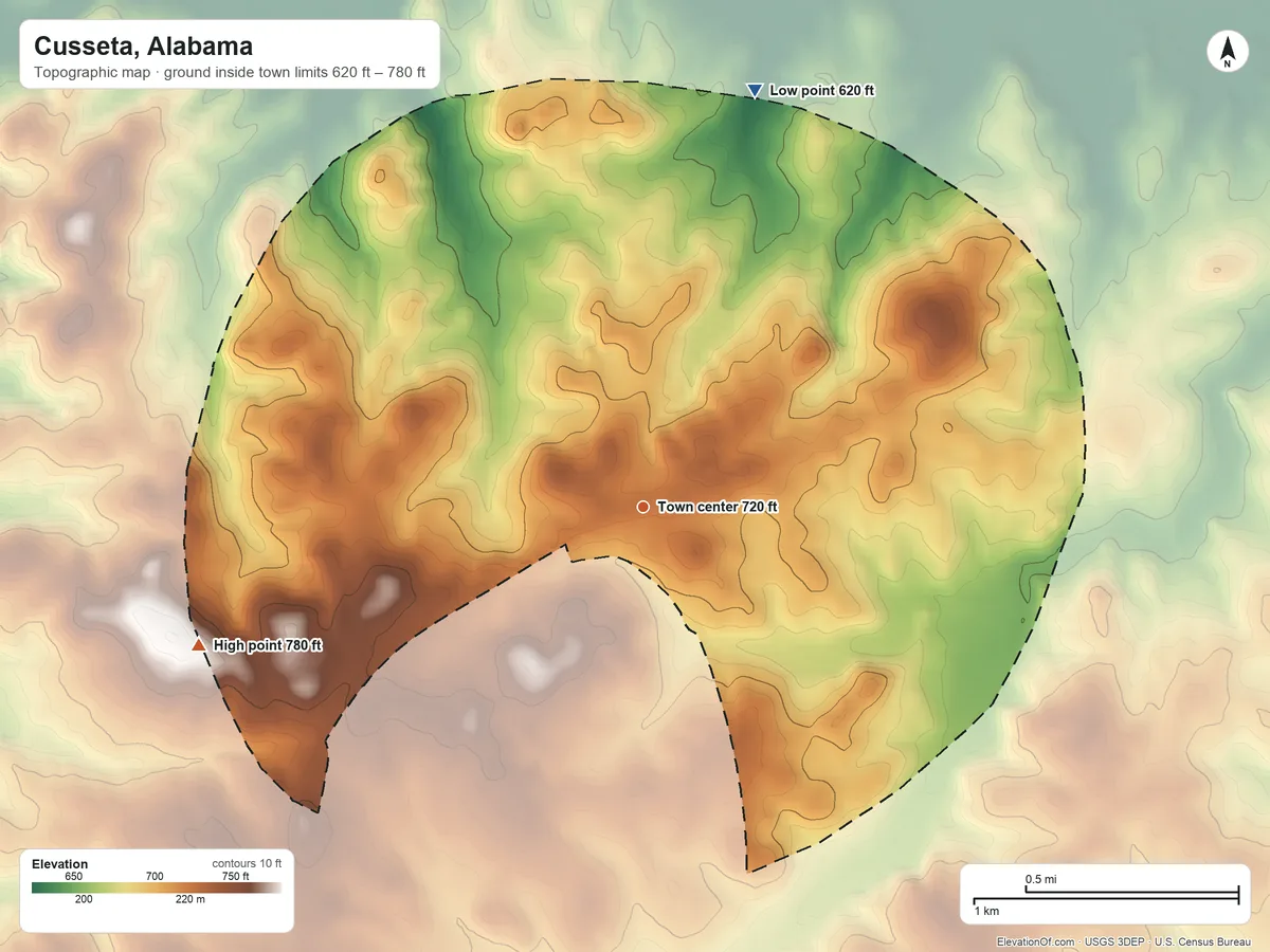 Topographic elevation map of Cusseta, Alabama, shaded from 620 ft on the north side to 780 ft on the west side