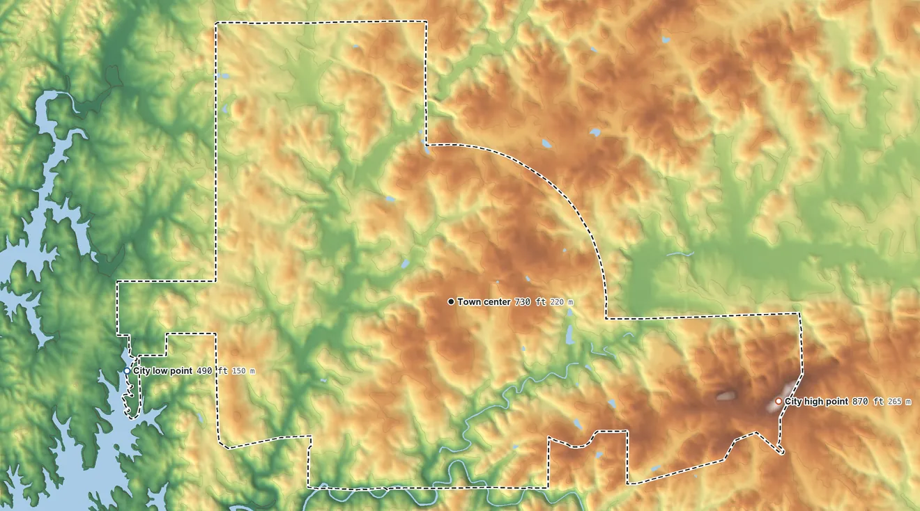 Topographic elevation map of Dadeville, Alabama, shaded from 490 ft on the west side to 870 ft on the east side