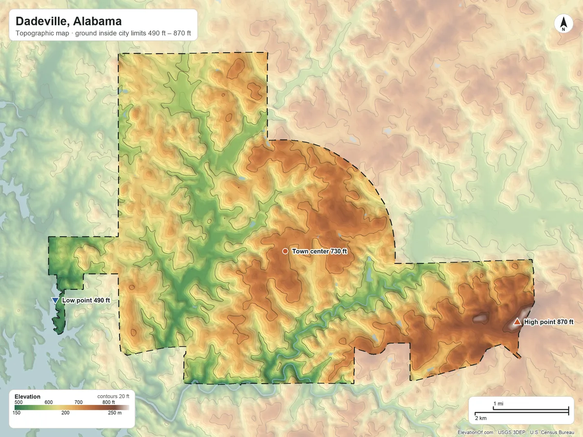 Topographic elevation map of Dadeville, Alabama, shaded from 490 ft on the west side to 870 ft on the east side