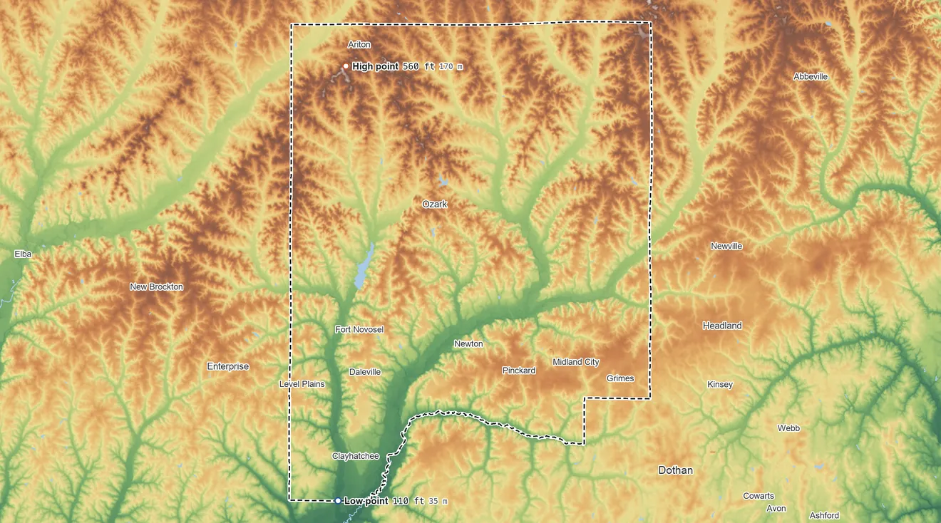 Topographic elevation map of Dale County, Alabama, shaded from 110 ft on the southwest side to 560 ft on the northwest side