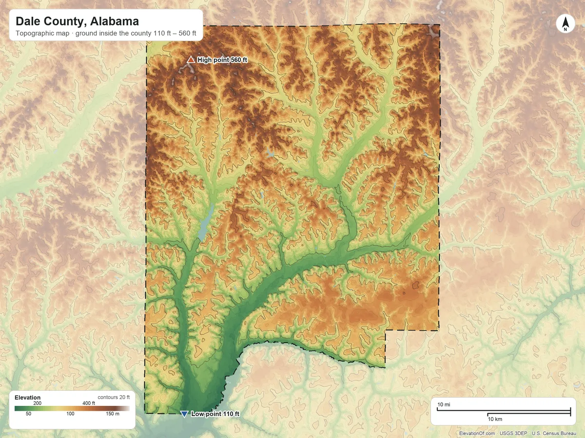 Topographic elevation map of Dale County, Alabama, shaded from 110 ft on the southwest side to 560 ft on the northwest side