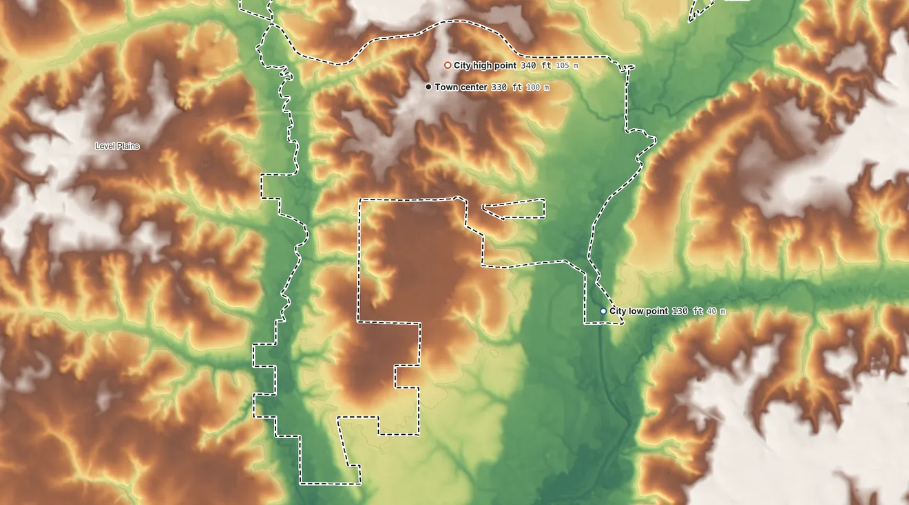 Topographic elevation map of Daleville, Alabama, shaded from 130 ft on the southeast side to 340 ft near the middle