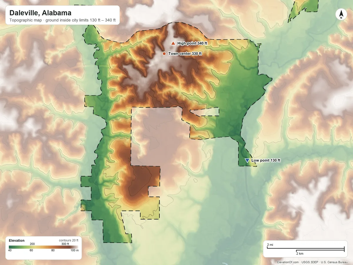 Topographic elevation map of Daleville, Alabama, shaded from 130 ft on the southeast side to 340 ft near the middle