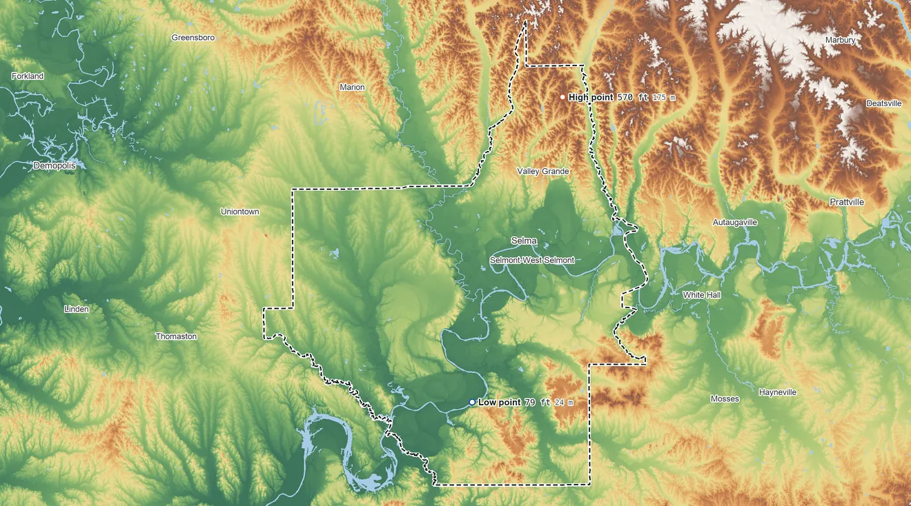 Topographic elevation map of Dallas County, Alabama, shaded from 79 ft on the south side to 570 ft on the northeast side