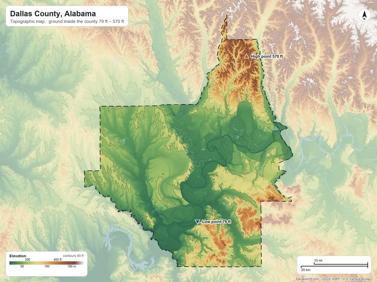 Topographic elevation map of Dallas County, Alabama, shaded from 79 ft on the south side to 570 ft on the northeast side