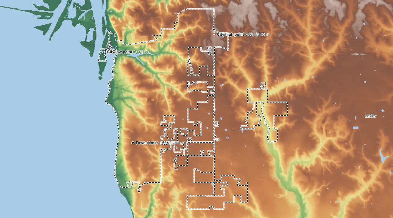 Topographic elevation map of Daphne, Alabama, shaded from sea level level on D'Olive Bay to 210 ft on the northeast side