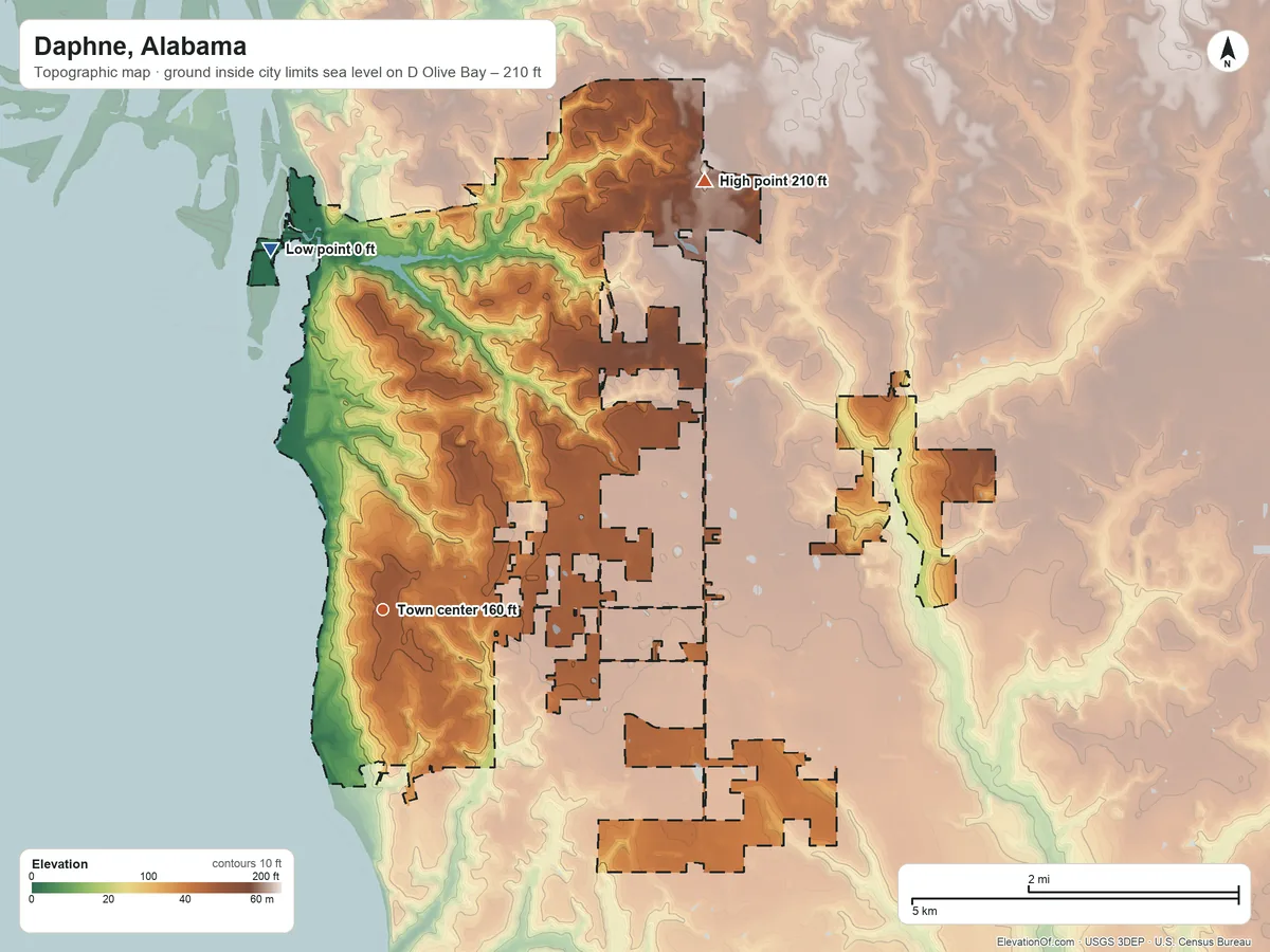 Topographic elevation map of Daphne, Alabama, shaded from sea level level on D'Olive Bay to 210 ft on the northeast side