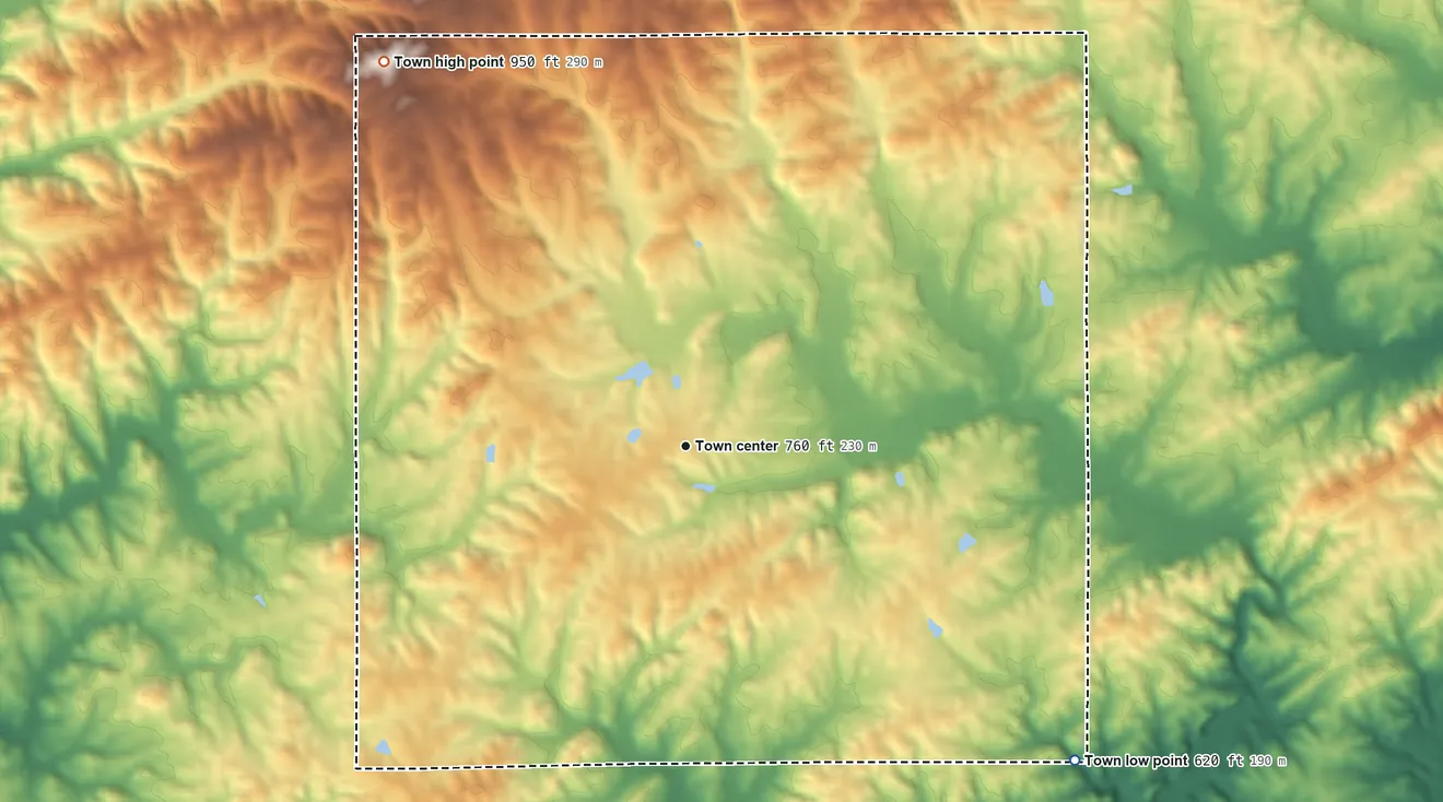 Topographic elevation map of Daviston, Alabama, shaded from 620 ft on the southeast side to 950 ft on the northwest side