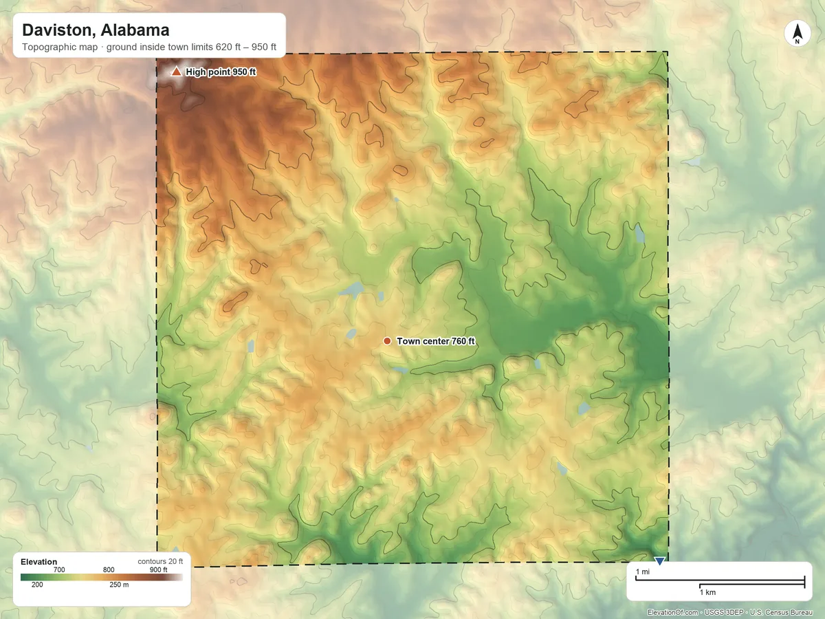 Topographic elevation map of Daviston, Alabama, shaded from 620 ft on the southeast side to 950 ft on the northwest side