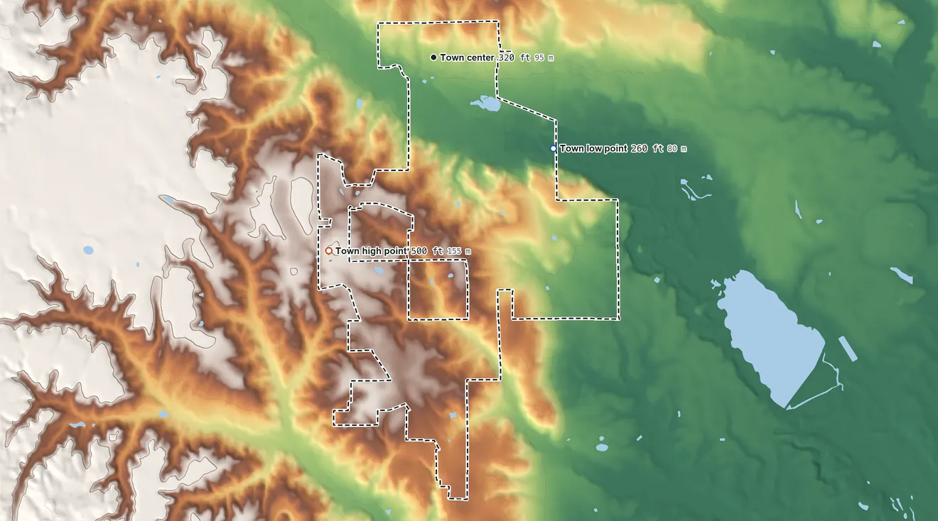 Topographic elevation map of Deatsville, Alabama, shaded from 260 ft on the southeast side to 500 ft on the southwest side