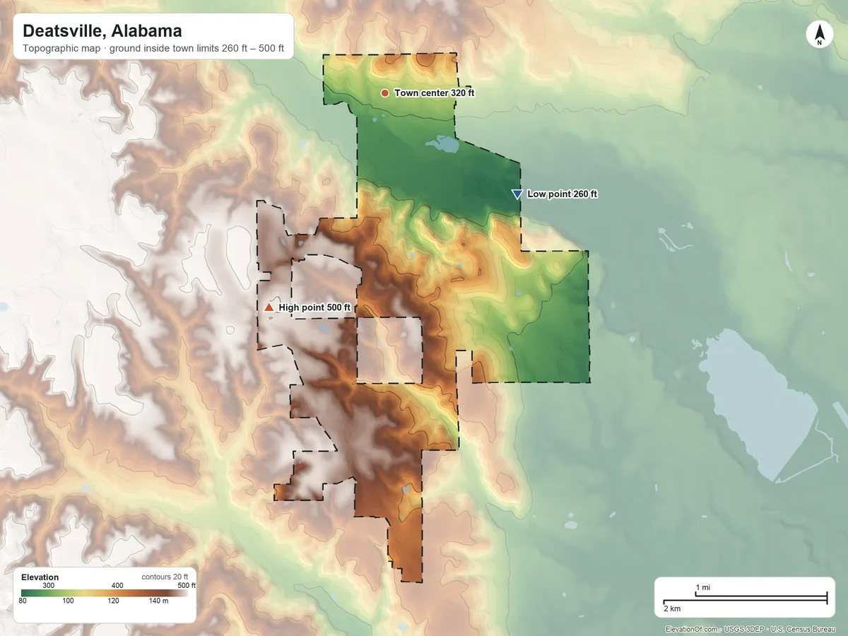 Topographic elevation map of Deatsville, Alabama, shaded from 260 ft on the southeast side to 500 ft on the southwest side