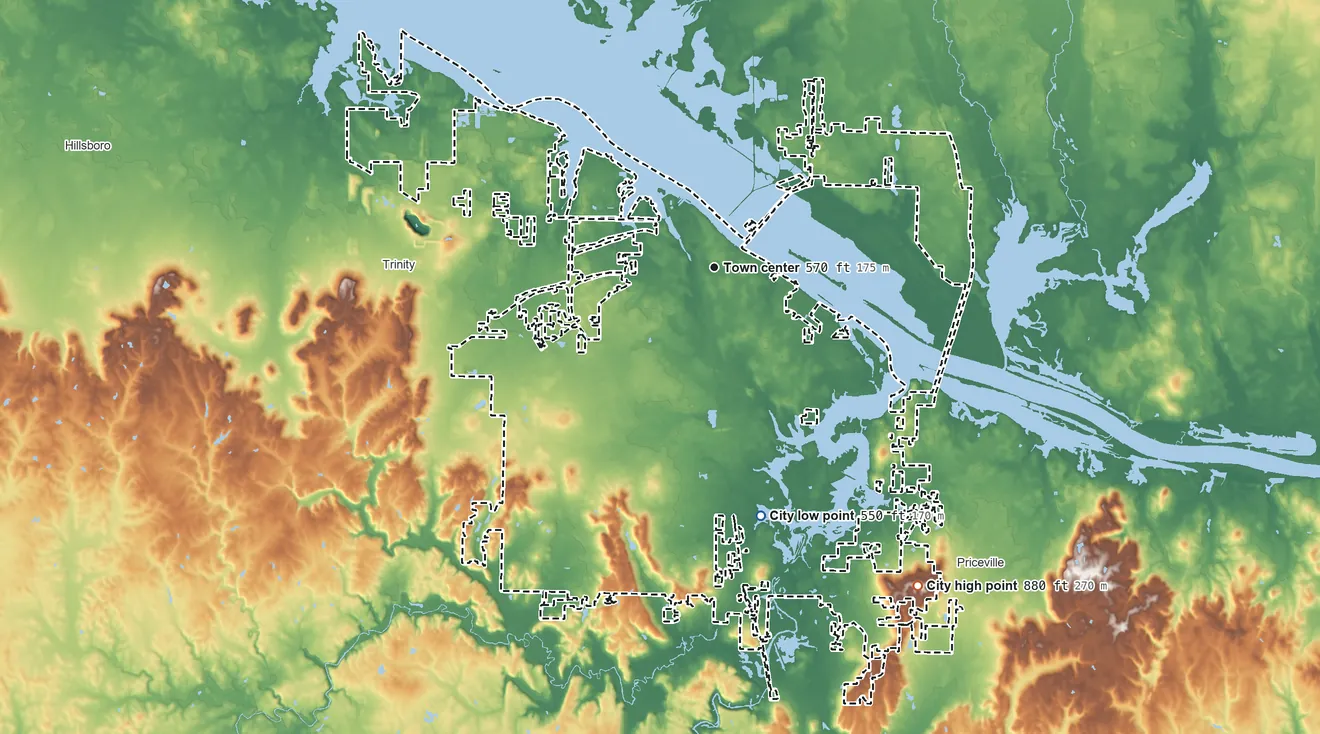 Topographic elevation map of Decatur, Alabama, shaded from 550 ft on the south side to 880 ft on Burleson Mountain